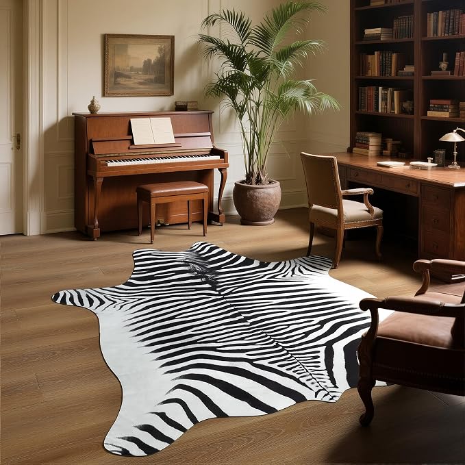 Easycozy Faux Zebra Pattern Rug: 4.6 x 5.2 Bold Zebra Stripe Faux Cowhide Area - Image 2