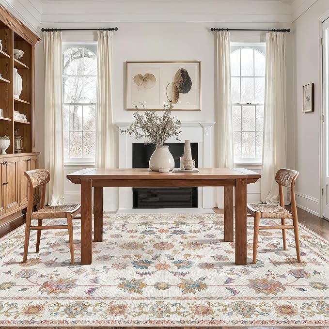 Tangsoo Washable Area Rug, 8x10 Pottery Barn Neutral Floral Large Rugs - Image 3