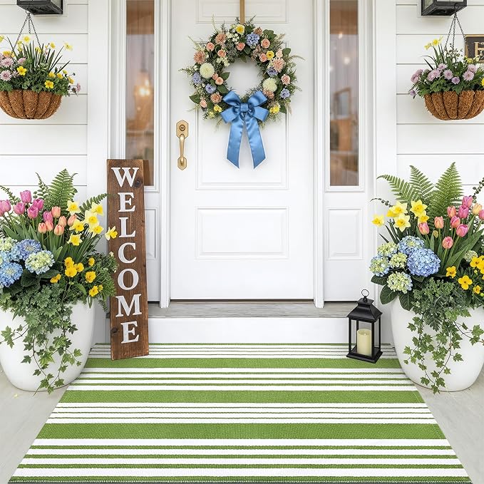 OLANLY Green and White Classic Striped Rug 2' x 4'3" – Washable Cotton Indoor - Image 8