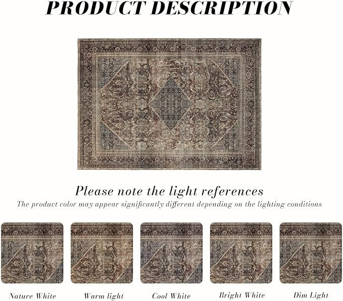 Area Rug 5×7, Large Vintage Boho Rug, Ultra-Soft Low Pile, Non Slip, Stain - Image 2