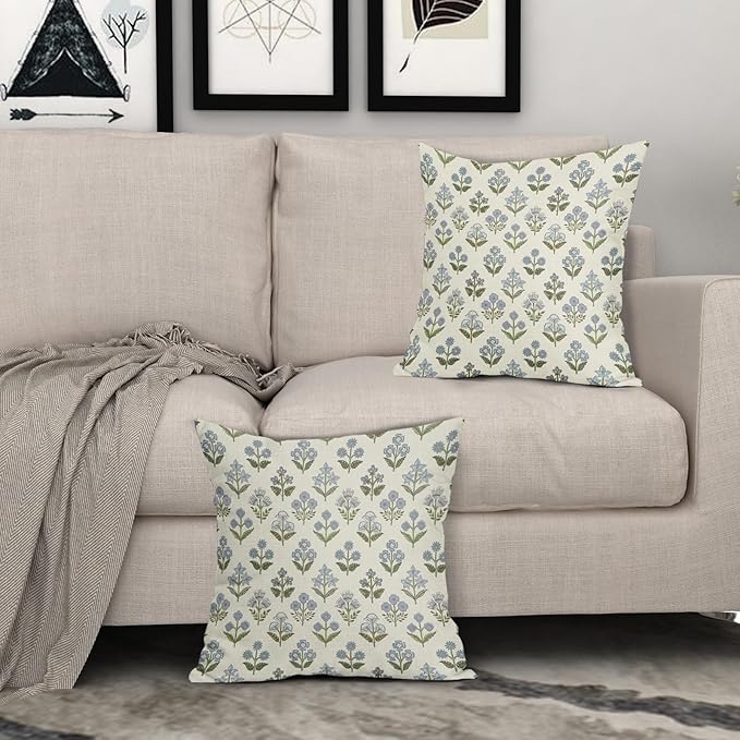 Blue Green Block Print Pillow Covers 16x16 Inch Set of 2, Vintage Floral Spring - Image 3