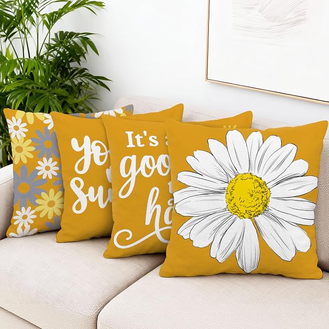Hexagram Spring Summer Pillow Covers 18x18 Set of 4, Outdoor Floral Daisy - Image 2