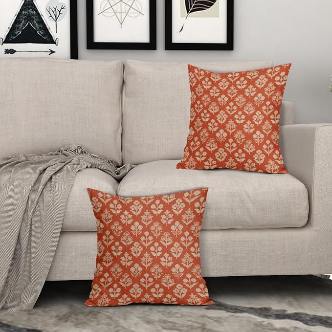 Dark Orange Floral Pillow Covers 24x24 Inch Set of 2, Vintage Flower Block - Image 3