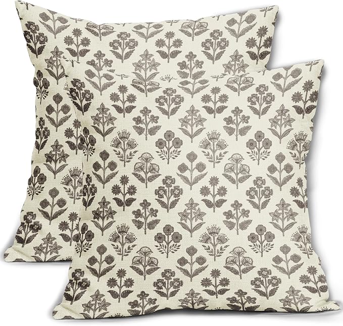 Dark Brown Floral Pillow Covers 24x24 Inch Set of 2, Vintage Flower Block Print by Sivirary