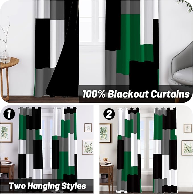 Tyrot Green Blackout Curtains for Bedroom 63 inch Long 2 Panels Set Black Grey - Image 2