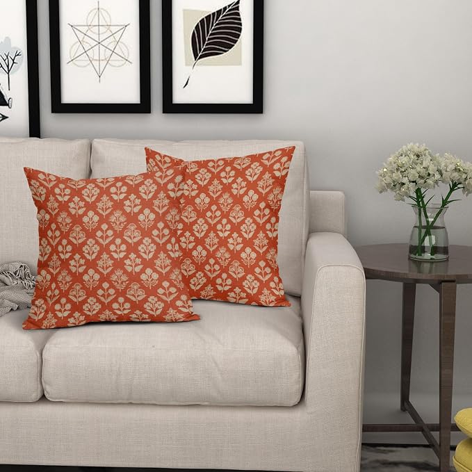 Dark Orange Floral Block Print Pillow Covers 20x20 Inch Set of 2, Vintage - Image 7