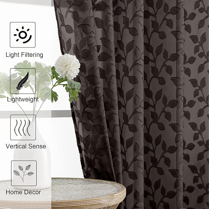 Chyhomenyc Chocolate Sheer Curtains 24 Inch Length, Light Filtering Leaf Tufted - Image 3