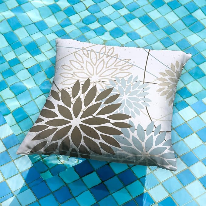 Brown Blue Flower Pillow Covers 16x16 Inch Set of 2 Summer Outdoor Waterproof - Image 2