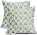 Blue Green Block Print Pillow Covers 24x24 Inch Set of 2, Vintage Floral Spring by Sivirary
