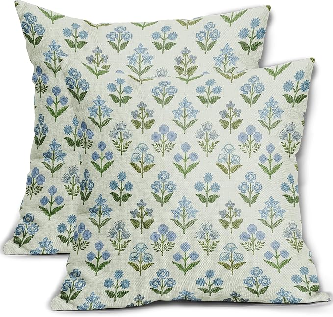 Blue Green Block Print Pillow Covers 24x24 Inch Set of 2, Vintage Floral Spring by Sivirary