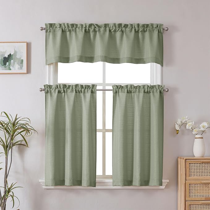 Chyhomenyc Light Green Curtains 30 Inch Length, Faux Linen Textured Small Cafe - Image 2