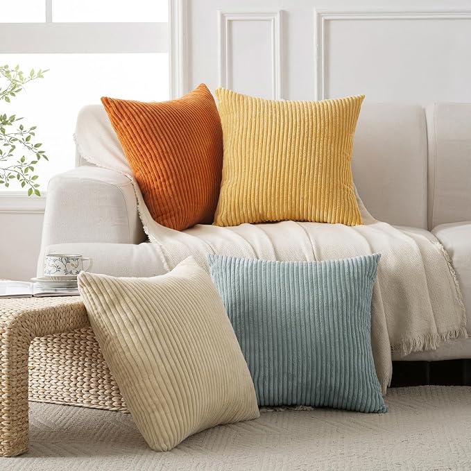 Volcanics Set of 4 Orange Teal Corduroy Decorative Couch Throw Pillow Covers - Image 5