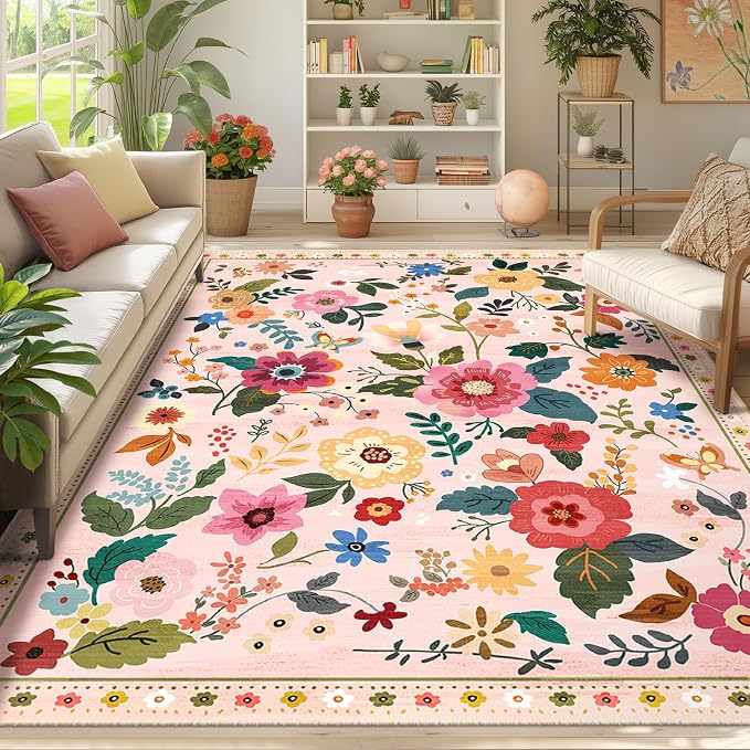 RELEANY Floral Nursery 7x9 Area Rugs Washable Print Boho Cute Carpet Non Slip - Image 8