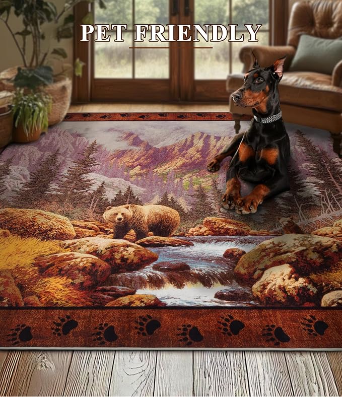 YIHOUSE Rustic Cabin Area Rug for Bedroom 4x6, Machine Washable Forest Bear Rug - Image 5