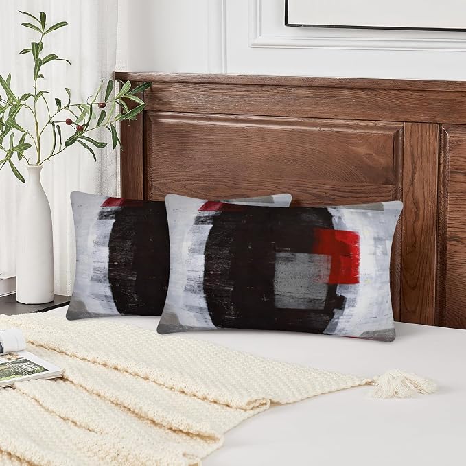 Red and Grey Abstract Art Pillow Cover, Modern Black White Decorative Throw - Image 3