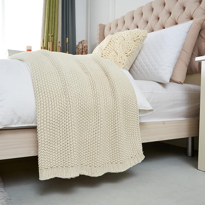 Chunky Cable Knit Throw Blanket Lightweight Cream 100% Organic Cotton Blanket - Image 9