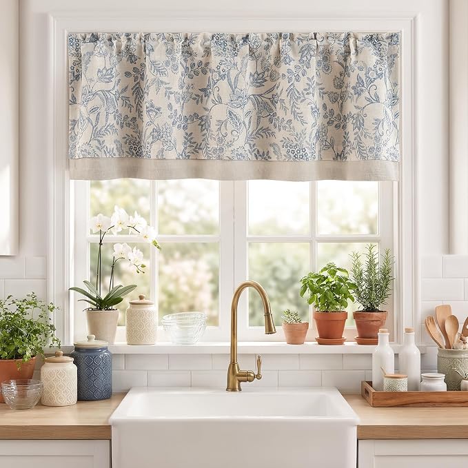 jinchan Linen Valance Curtain Farmhouse Floral Printed Small Window Curtain - Image 2