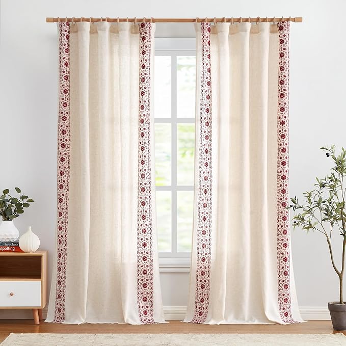 jinchan Boho Curtains for Bedroom Red Vintage Floral Farmhouse Curtains 96 - Image 3