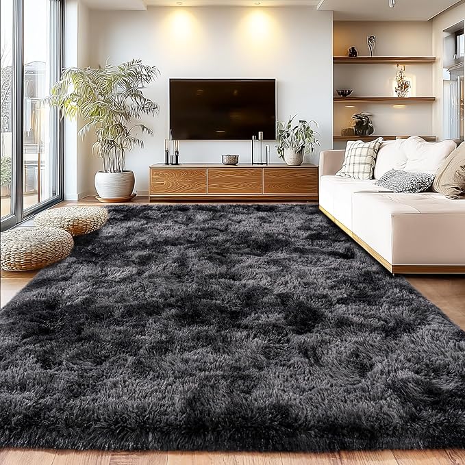 Tie-Dyed Black Grey Shaggy Rugs Fluffy Carpets, Indoor Modern Plush Area Rugs by Isdook