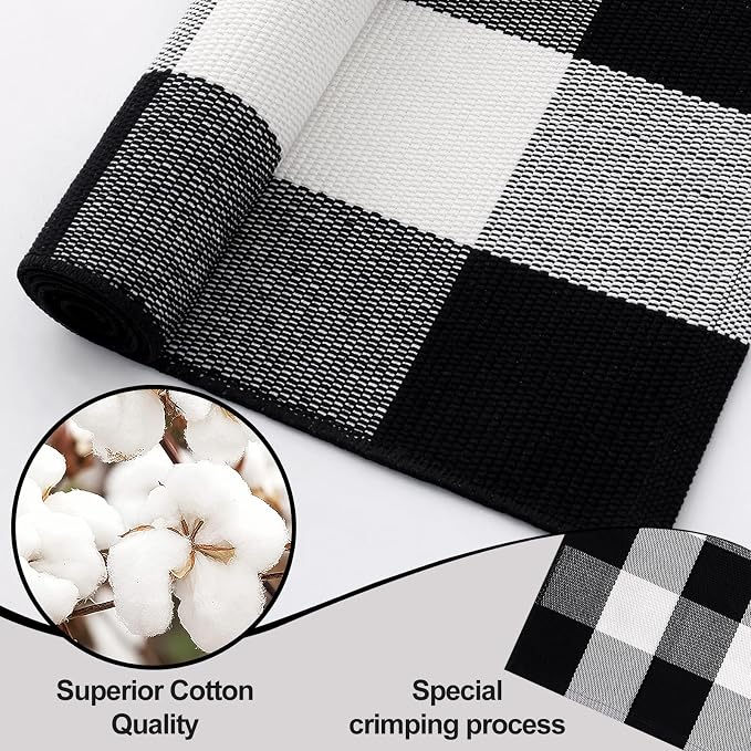 OLANLY Buffalo Plaid Rug 2' x 6' – Black and White Cotton Checkered Doormat - Image 4