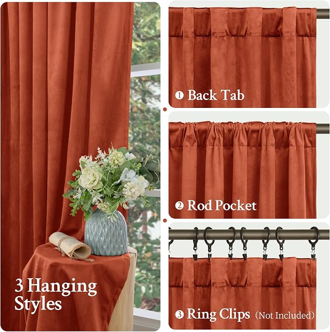 LAMIT Terracotta Velvet Curtains 108 Inch, Thermal Insulated Room Darkening - Image 3