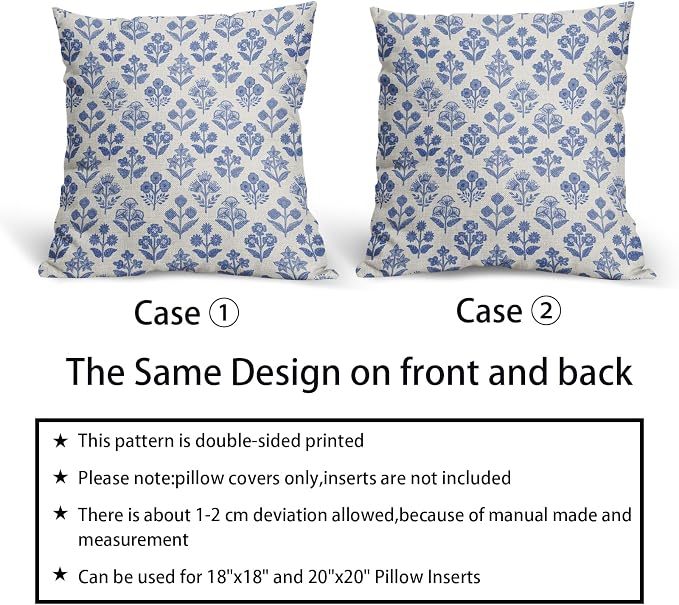 Blue Floral Block Print Pillow Covers 16x16 Inch Set of 2, Vintage Flower - Image 6