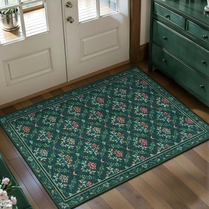 Tangsoo 2x3 Small Washable Entry Rug, Non Slip Green Floral Throw Area Rugs by Tangsoo