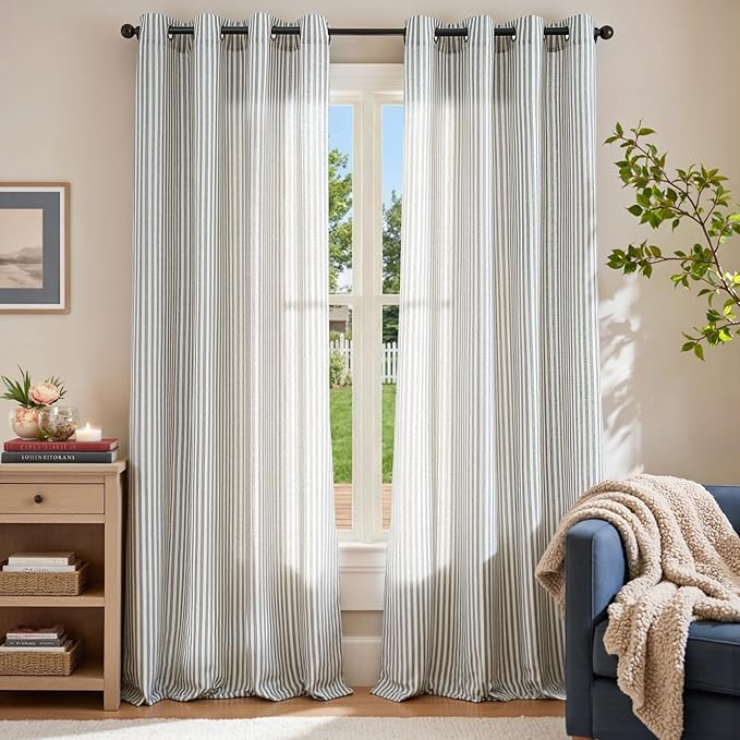 jinchan Linen Curtains for Living Room Blue on Beige Striped Curtains for - Image 2