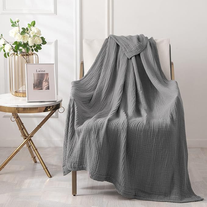 EMME Muslin Grey Twin Blanket 100% Cotton Bed Blankets - Image 7