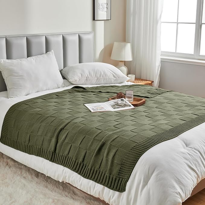 CozeCube Check Knit Throw Blanket, Olive Green Checkered Throw - Image 6