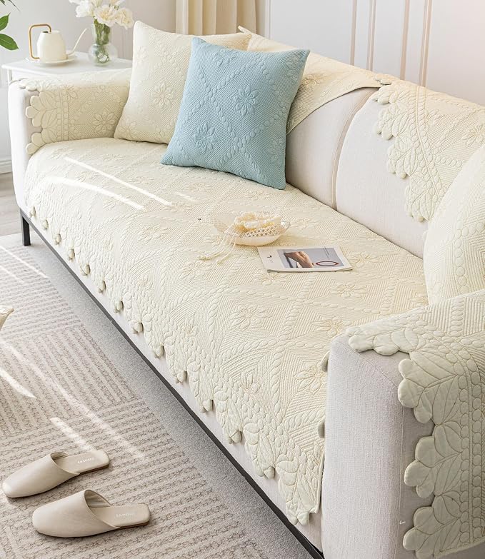 Cotton Quilted Dog Couch Cover for Sofa Farmhouse Rustic Embroidery Sectional - Image 4
