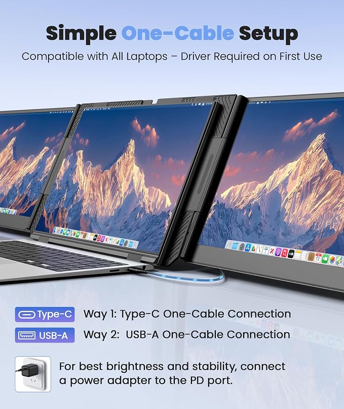 One Cable Laptop Screen Extender, 15.6” Ultra-Slim Triple Portable Monitor - Image 4