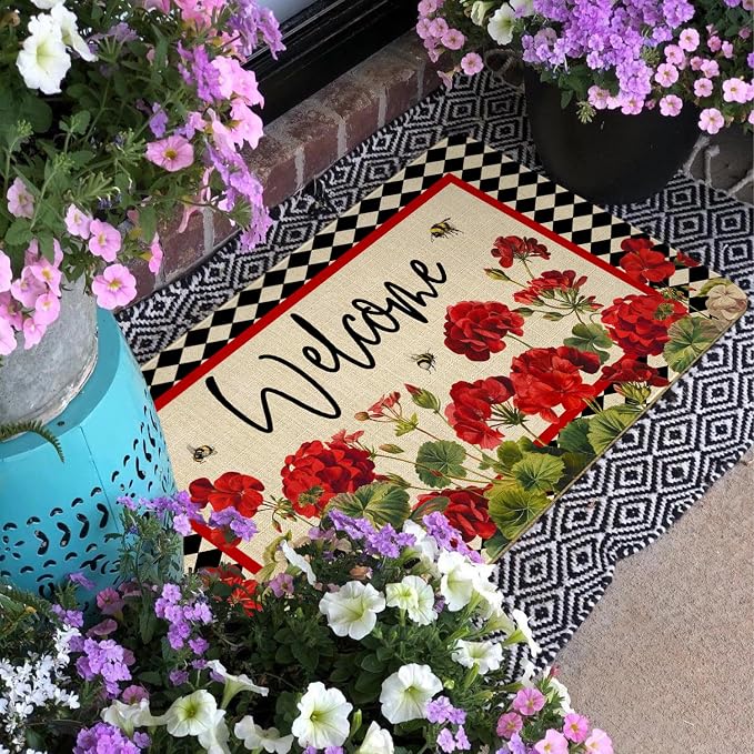 Spring Summer Door Mat, Geranium Bee Red Floral Buffalo Plaid Indoor Outdoor - Image 4