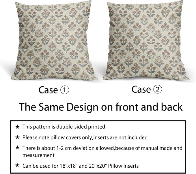 Brown Grey Gray Floral Block Print Pillow Covers 16x16 Inch Set of 2, Vintage - Image 6