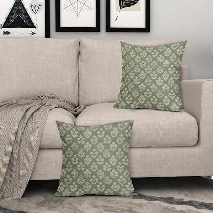 Sage Green Floral Block Print Pillow Covers 20x20 Inch Set of 2, Vintage Flower - Image 3