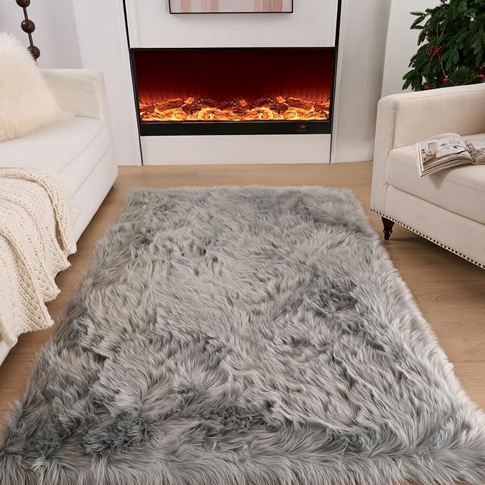 Fluffy Faux Fur Rug Grey Sheepskin Area Rug, 3x5 Ft Ultra Soft Shaggy Plush Rug by CKLZSAY