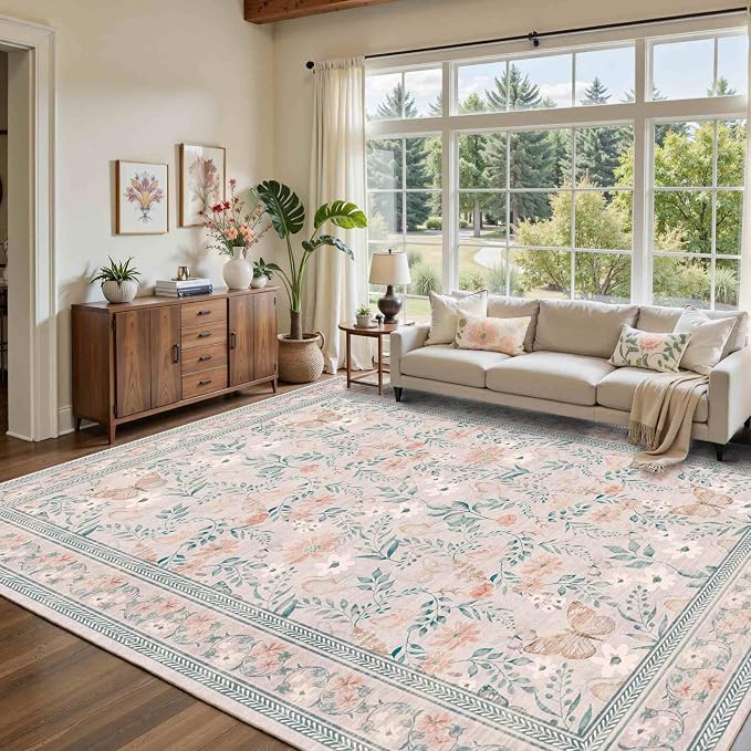 Rugxara 8x10 Pink Rugs for Bedroom Girls, Floral Washable Rug, Boho Area Rug - Image 4