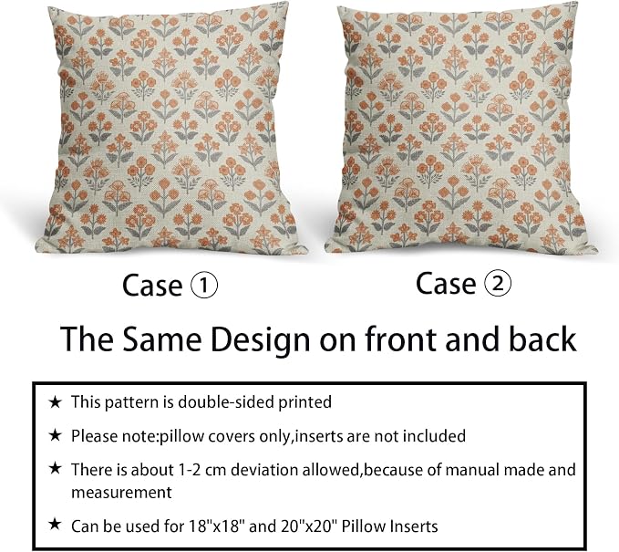 Orange Grey Gray Floral Block Print Pillow Covers 20x20 Inch Set of 2, Vintage - Image 6