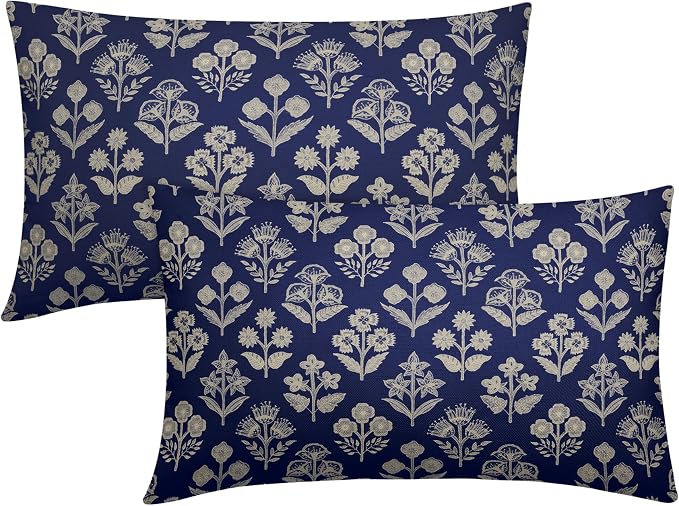 Navy Blue Pillow Covers 12x20 Inch Set of 2, Cream Floral Block Print Pattern by Sivirary