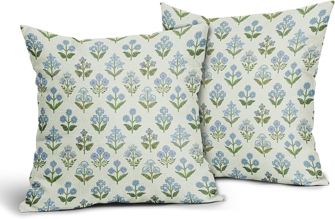 Blue Green Block Print Pillow Covers 24x24 Inch Set of 2, Vintage Floral Spring - Image 2
