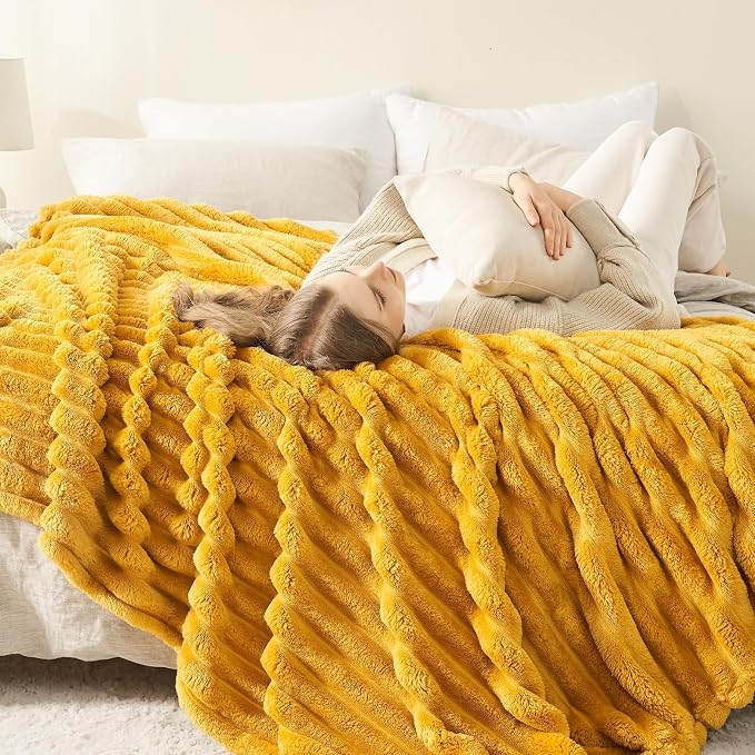 NEWCOSPLAY Super Soft King Blanket Mustard Yellow Premium Silky Flannel Fleece - Image 3