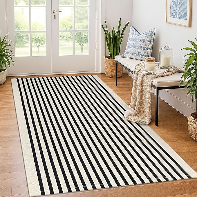 KOZYFLY Black and Beige Striped Rug 4x6 Ft Area Rug Washable Indoor Outdoor Rug by KOZYFLY