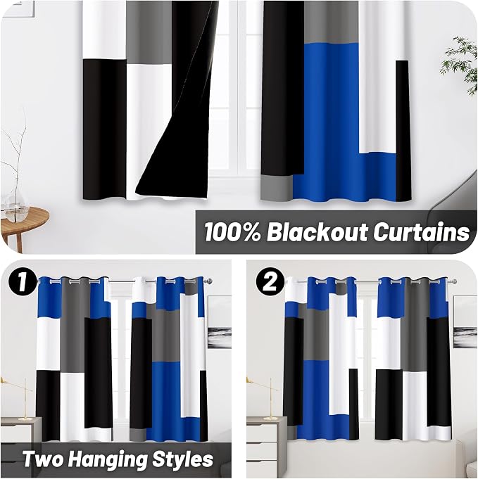 Tyrot Blue Gray 100% Blackout Curtains 45 inch Length 2 Panels Set White Grey - Image 2