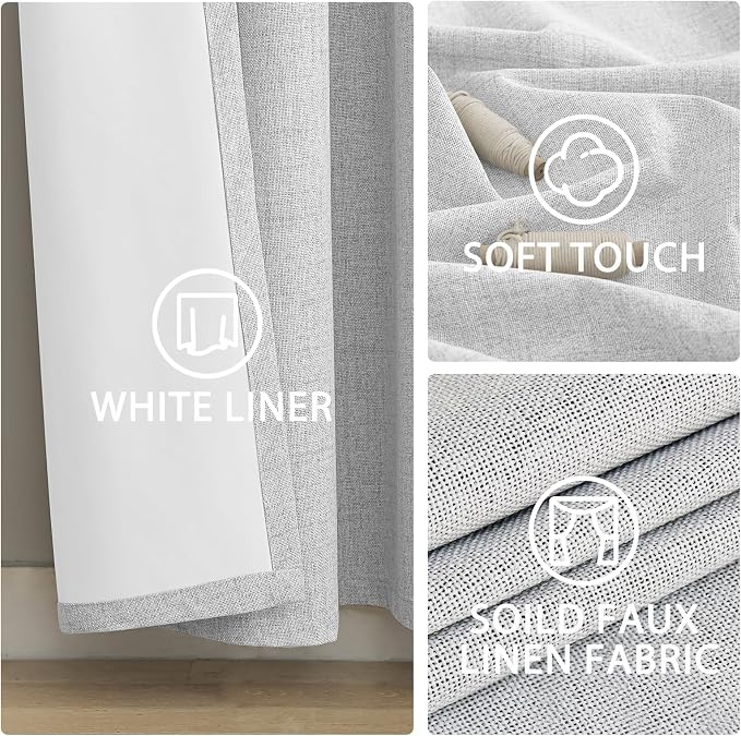 Yakamok White Linen Curtains 100% Blackout 96 Inches Long, Room Darkening - Image 6