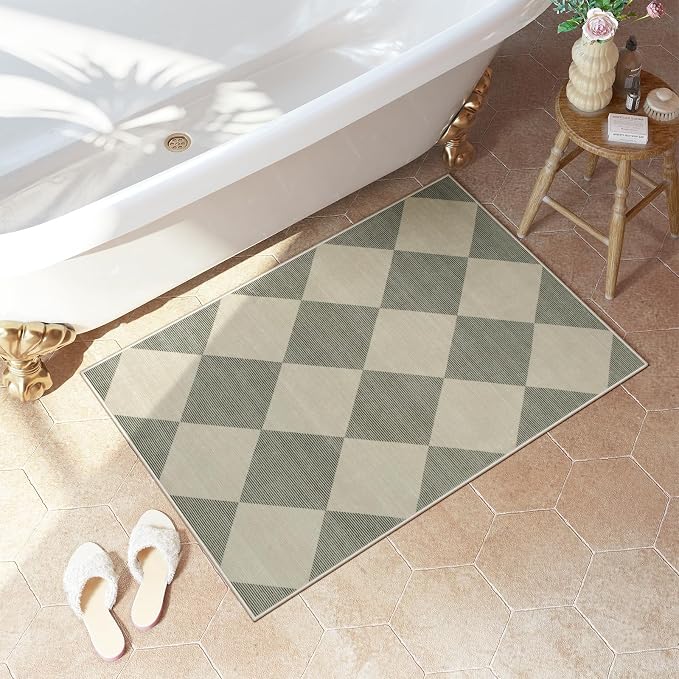 Beeiva Checkered Washable Entryway Rug 2x3, Non Slip Ultra Thin Green Front - Image 8