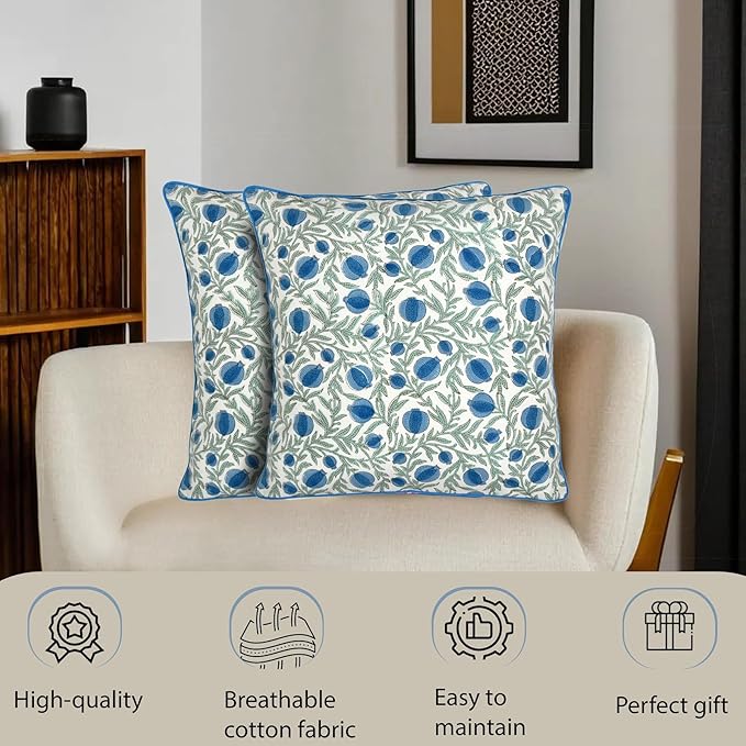 Ridhi Block Print Queen Blue Pillow Cover 24" x 24" Decorative Couch Pillows - Image 6
