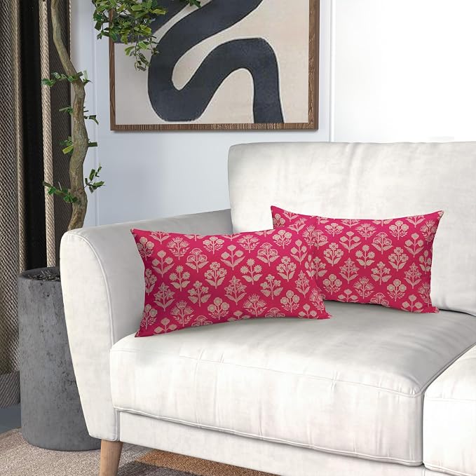 Hot Pink Pillow Covers 12x20 Inch Set of 2, Cream Floral Block Print Pattern - Image 6