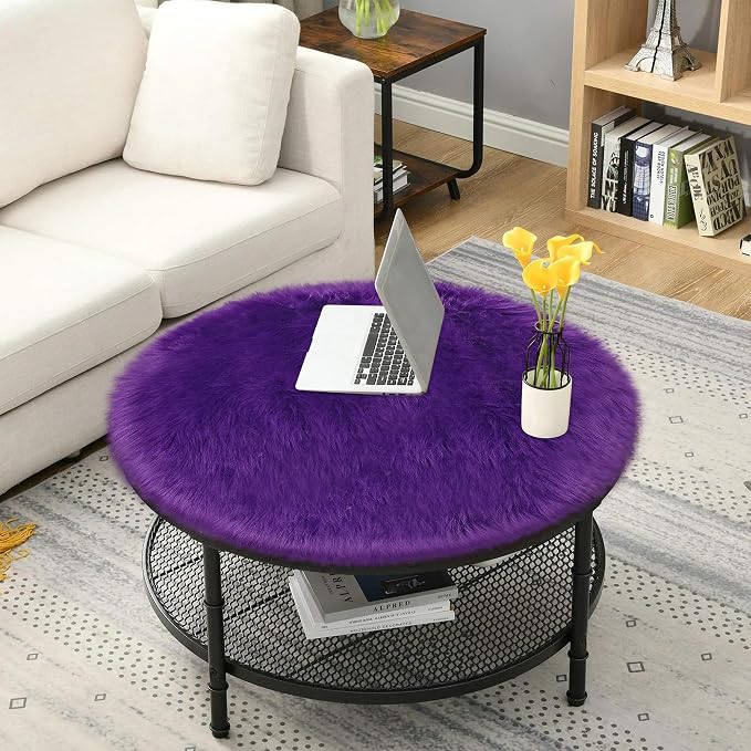 Fluffy Purple Round Rug 3ft Faux Small Fur Circle Rugs - Image 5