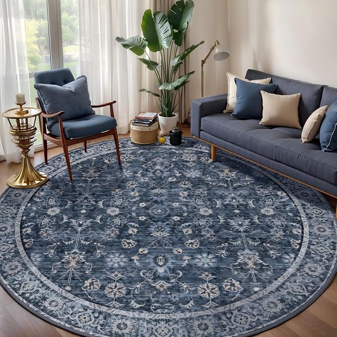 Tangsoo Vintage Round Rug 6ft Washable Circle Rug, Non Slip Boho Navy Blue by Tangsoo