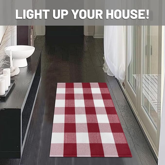 IOHOUZE Christmas Buffalo Plaid Rug 2x3 Ft Outdoor Indoor Doormat Red White - Image 3